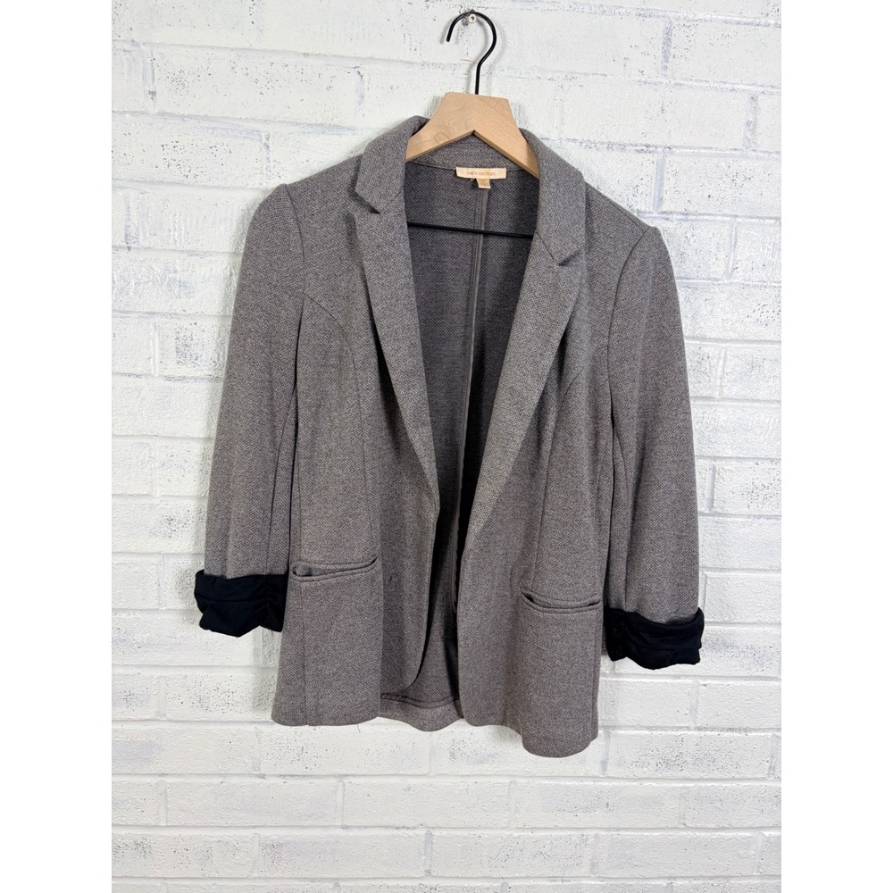 Skies Are Blue Knit Blazer Womens S Gray Ruched Sleeve Open Front Office